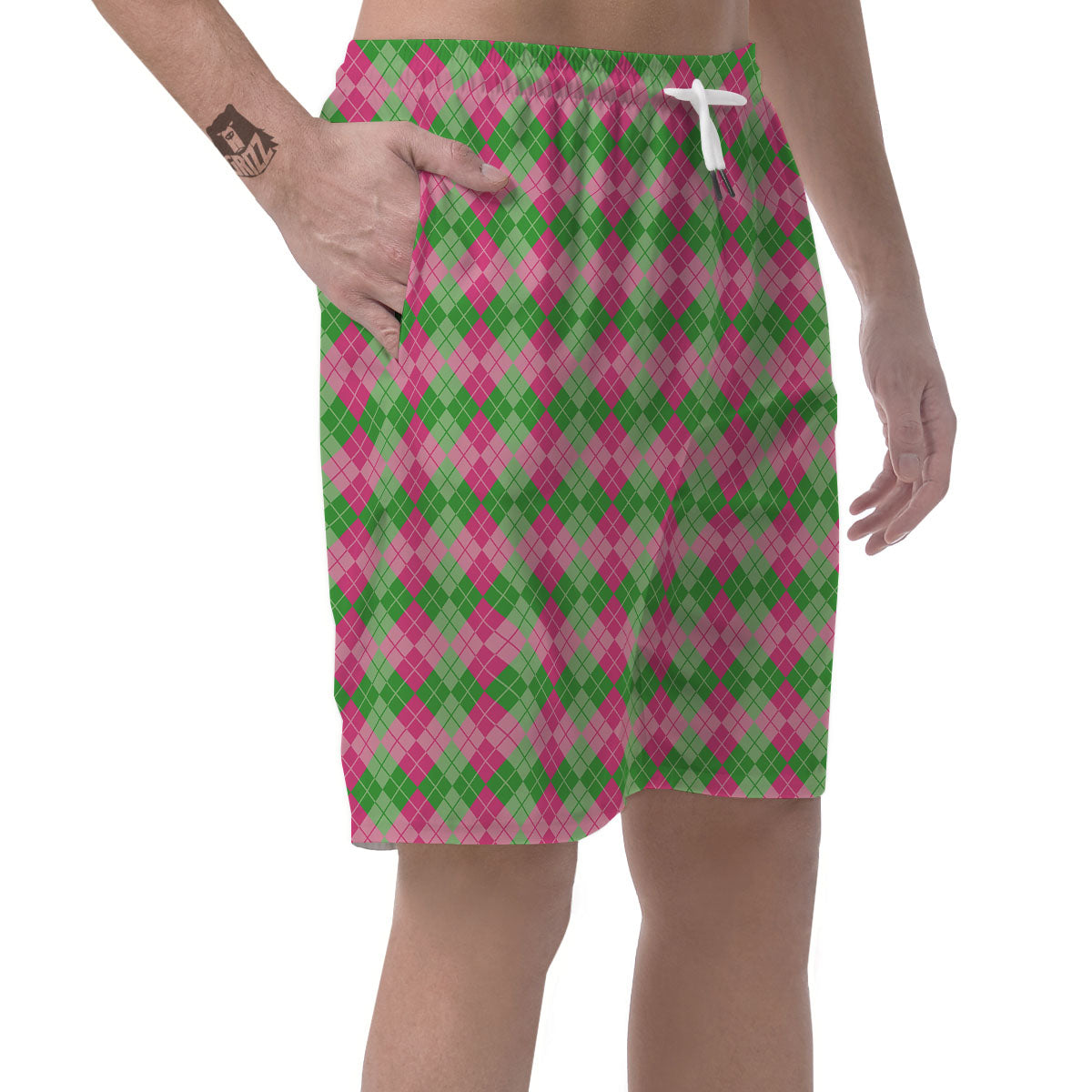 Argyle Pink And Green Print Pattern Men's Shorts-grizzshop
