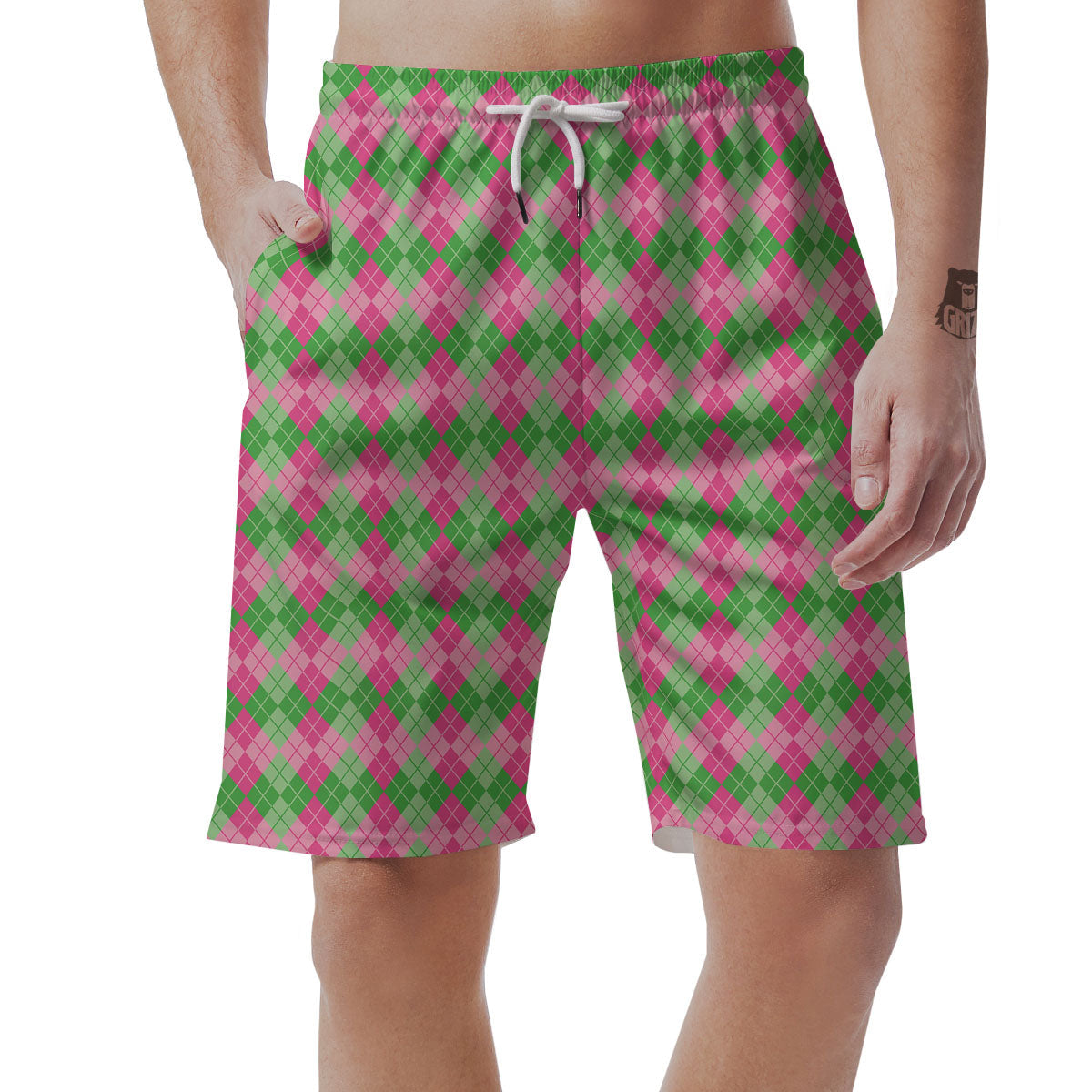 Argyle Pink And Green Print Pattern Men's Shorts-grizzshop