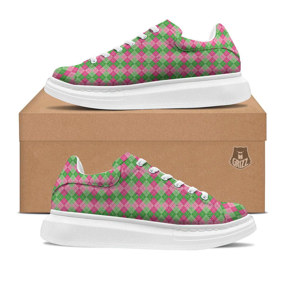 Argyle Pink And Green Print Pattern Platform Shoes-grizzshop