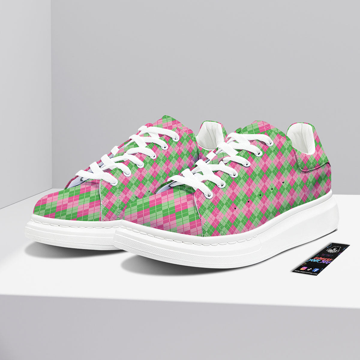 Argyle Pink And Green Print Pattern Platform Shoes-grizzshop