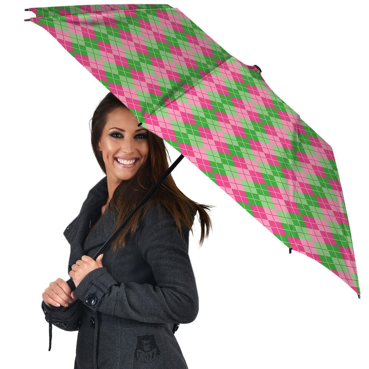 Argyle Pink And Green Print Pattern Umbrella-grizzshop