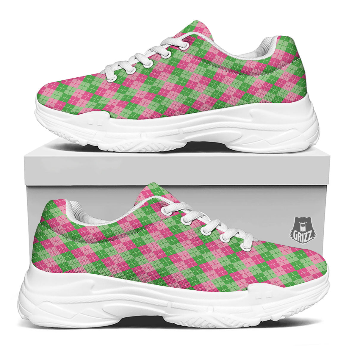 Argyle Pink And Green Print Pattern White Chunky Shoes-grizzshop