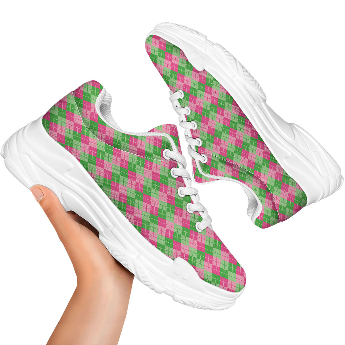 Argyle Pink And Green Print Pattern White Chunky Shoes-grizzshop