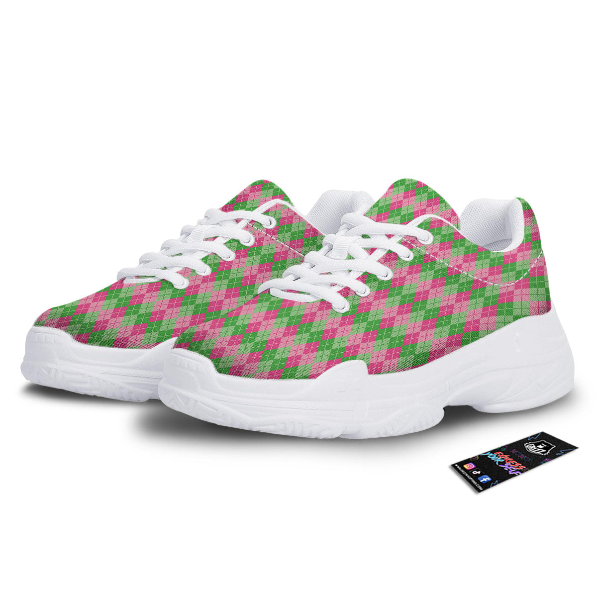 Argyle Pink And Green Print Pattern White Chunky Shoes-grizzshop