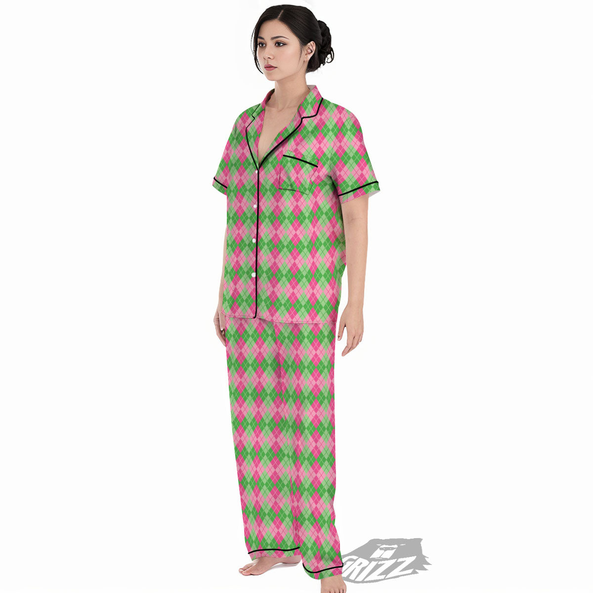 Argyle Pink And Green Print Pattern Women's Pajamas Set-grizzshop