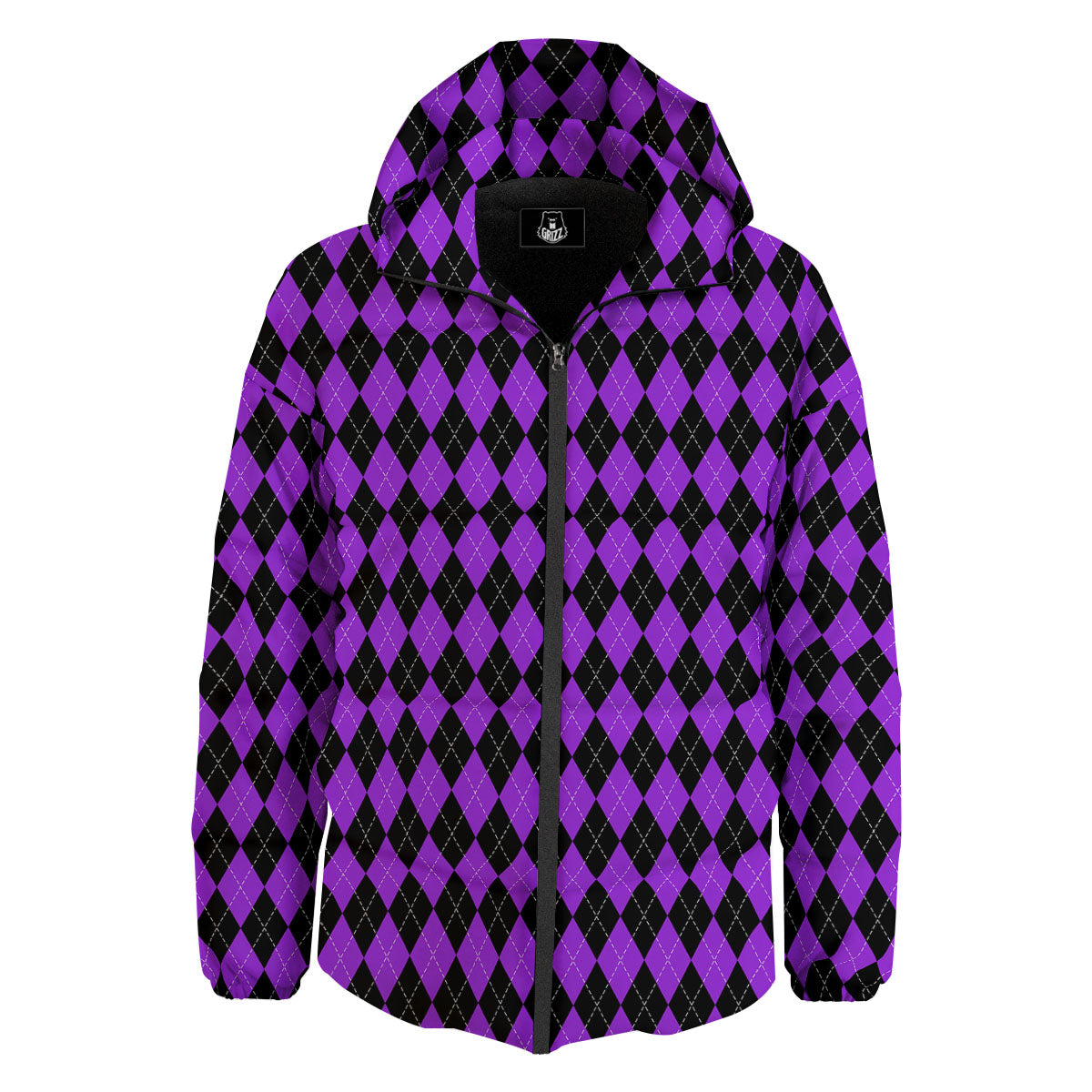 Argyle Purple And Black Print Pattern Down Jacket-grizzshop