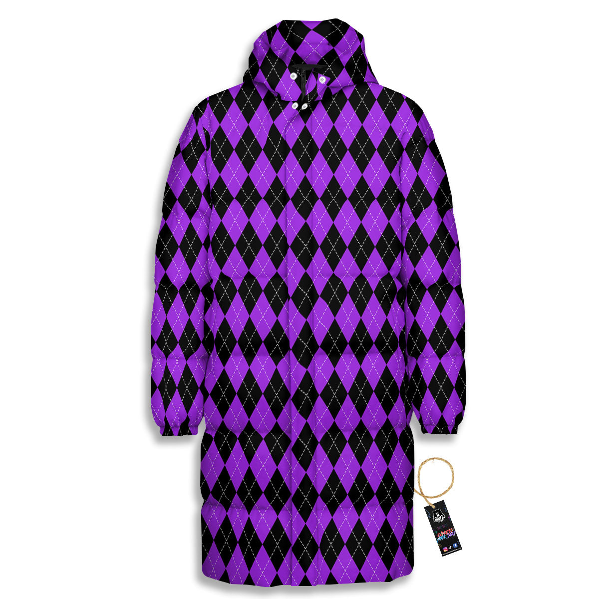 Argyle Purple And Black Print Pattern Long Down Jacket-grizzshop