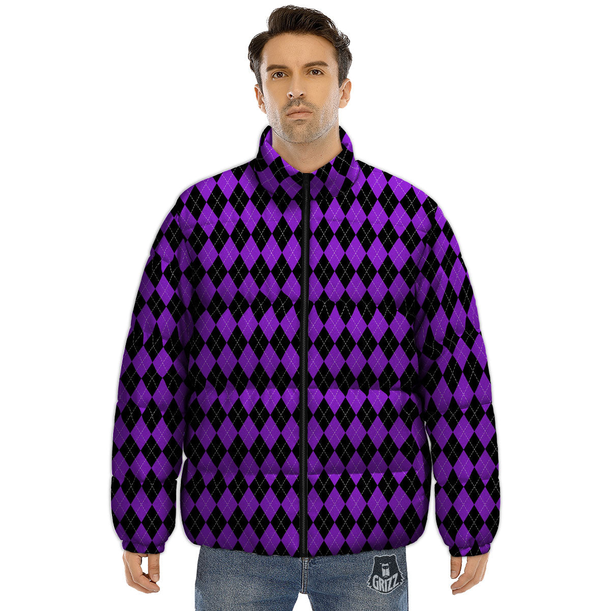 Argyle Purple And Black Print Pattern Puffer Jacket-grizzshop
