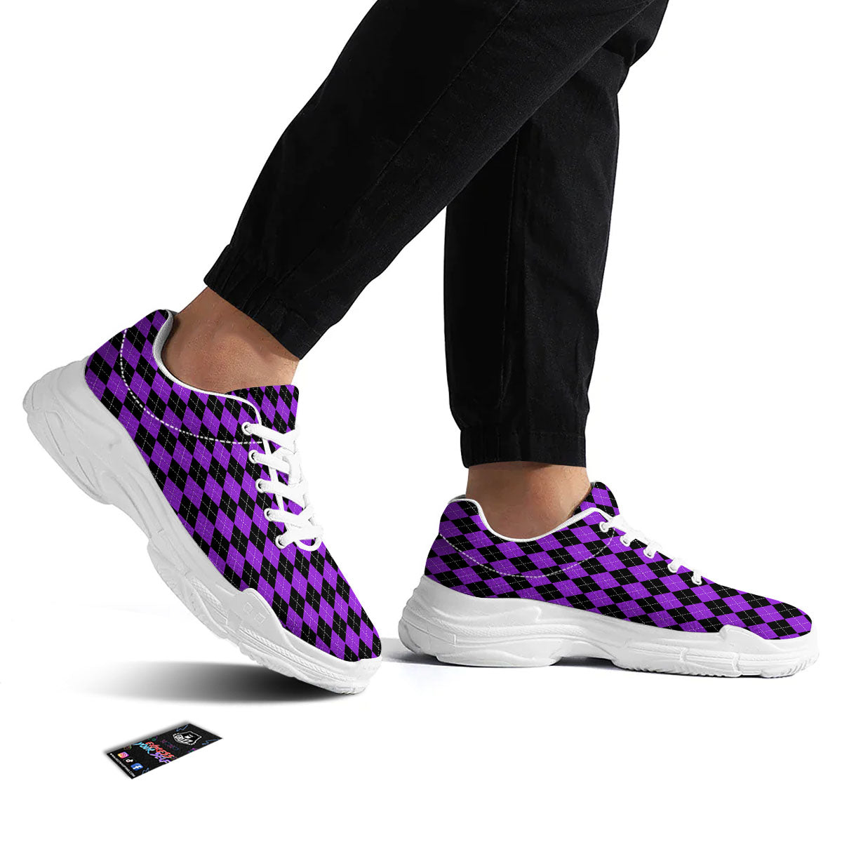 Argyle Purple And Black Print Pattern White Chunky Shoes-grizzshop