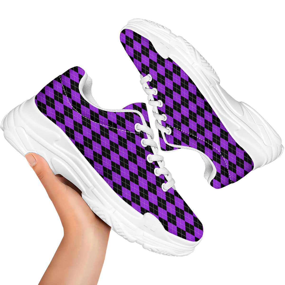 Argyle Purple And Black Print Pattern White Chunky Shoes-grizzshop
