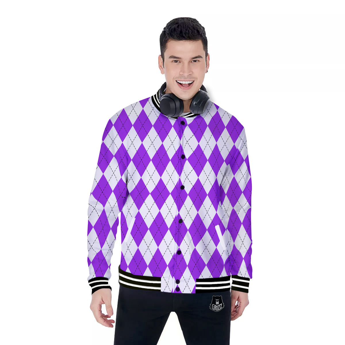 Argyle Purple And White Print Pattern Baseball Jacket-grizzshop