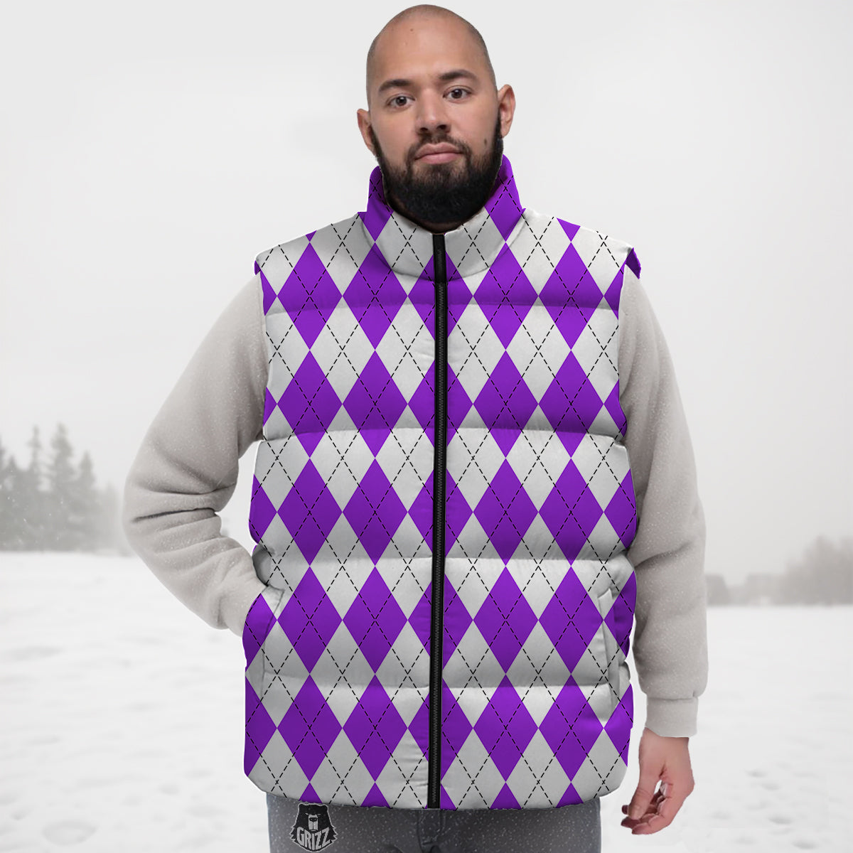 Argyle Purple And White Print Pattern Down Vest-grizzshop