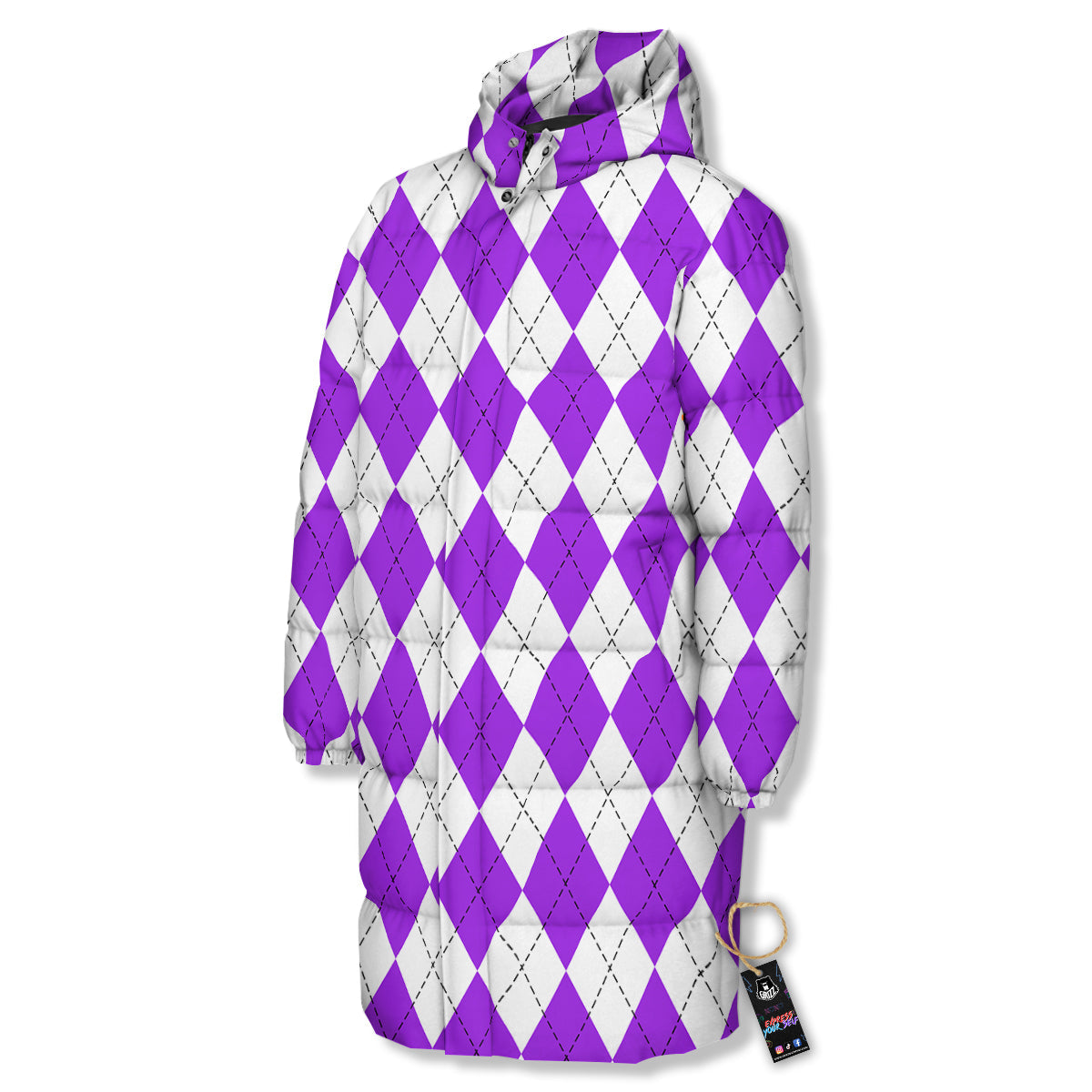 Argyle Purple And White Print Pattern Long Down Jacket-grizzshop