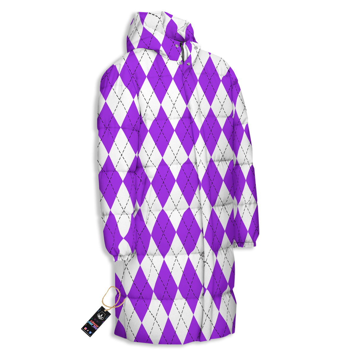 Argyle Purple And White Print Pattern Long Down Jacket-grizzshop