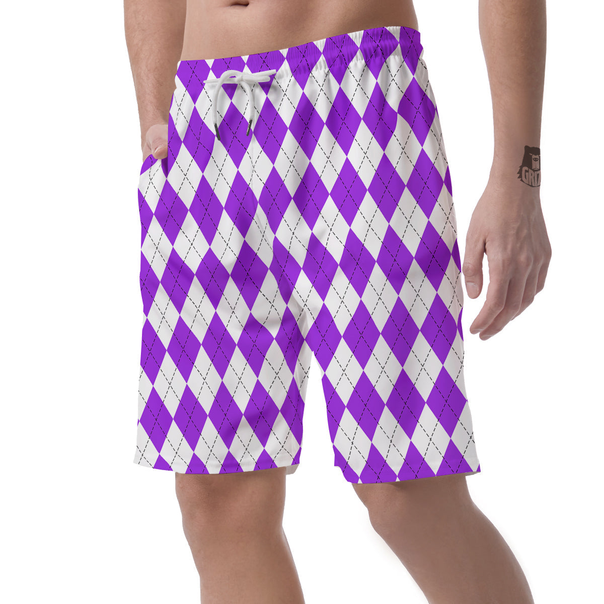 Argyle Purple And White Print Pattern Men's Shorts-grizzshop