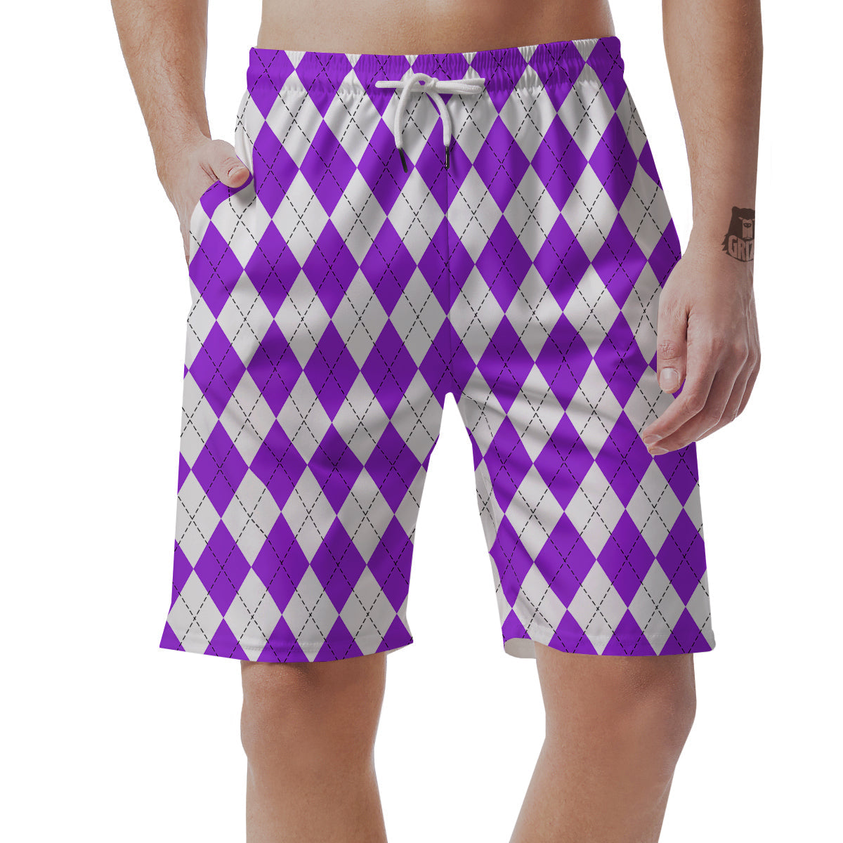 Argyle Purple And White Print Pattern Men's Shorts-grizzshop