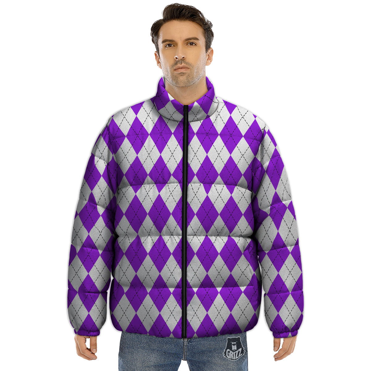 Argyle Purple And White Print Pattern Puffer Jacket-grizzshop