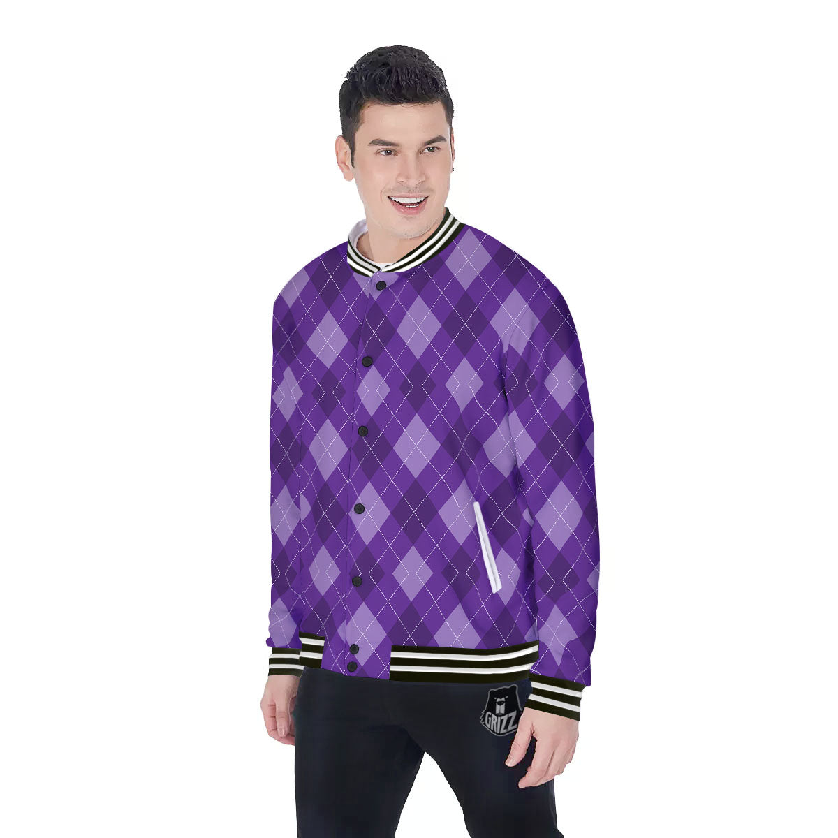 Argyle Purple Print Pattern Baseball Jacket-grizzshop