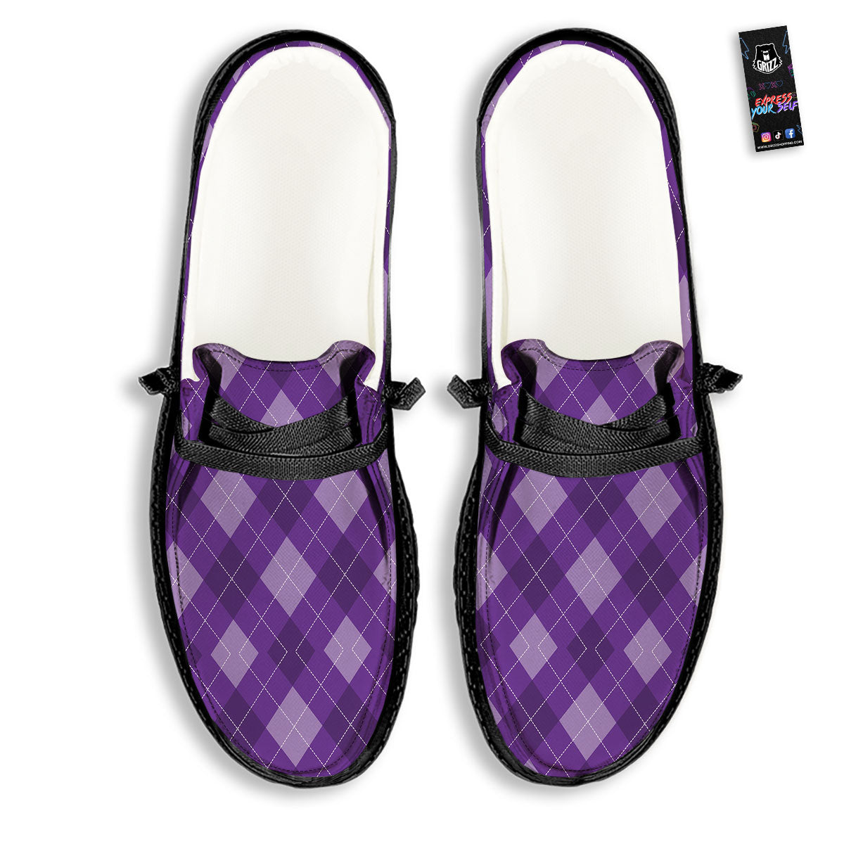 Argyle Purple Print Pattern Black Loafers-grizzshop