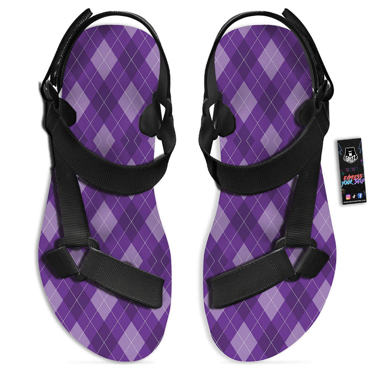 Argyle Purple Print Pattern Black Open Toe Sandals-grizzshop