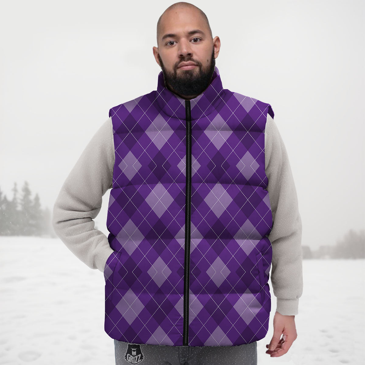 Argyle Purple Print Pattern Down Vest-grizzshop