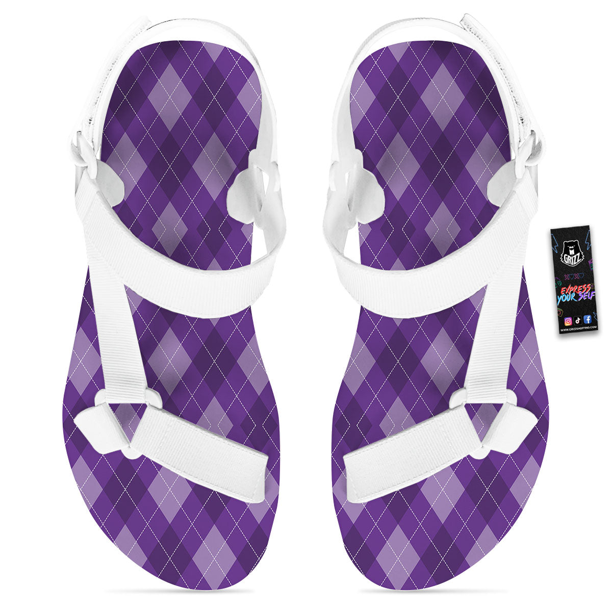 Argyle Purple Print Pattern White Open Toe Sandals-grizzshop