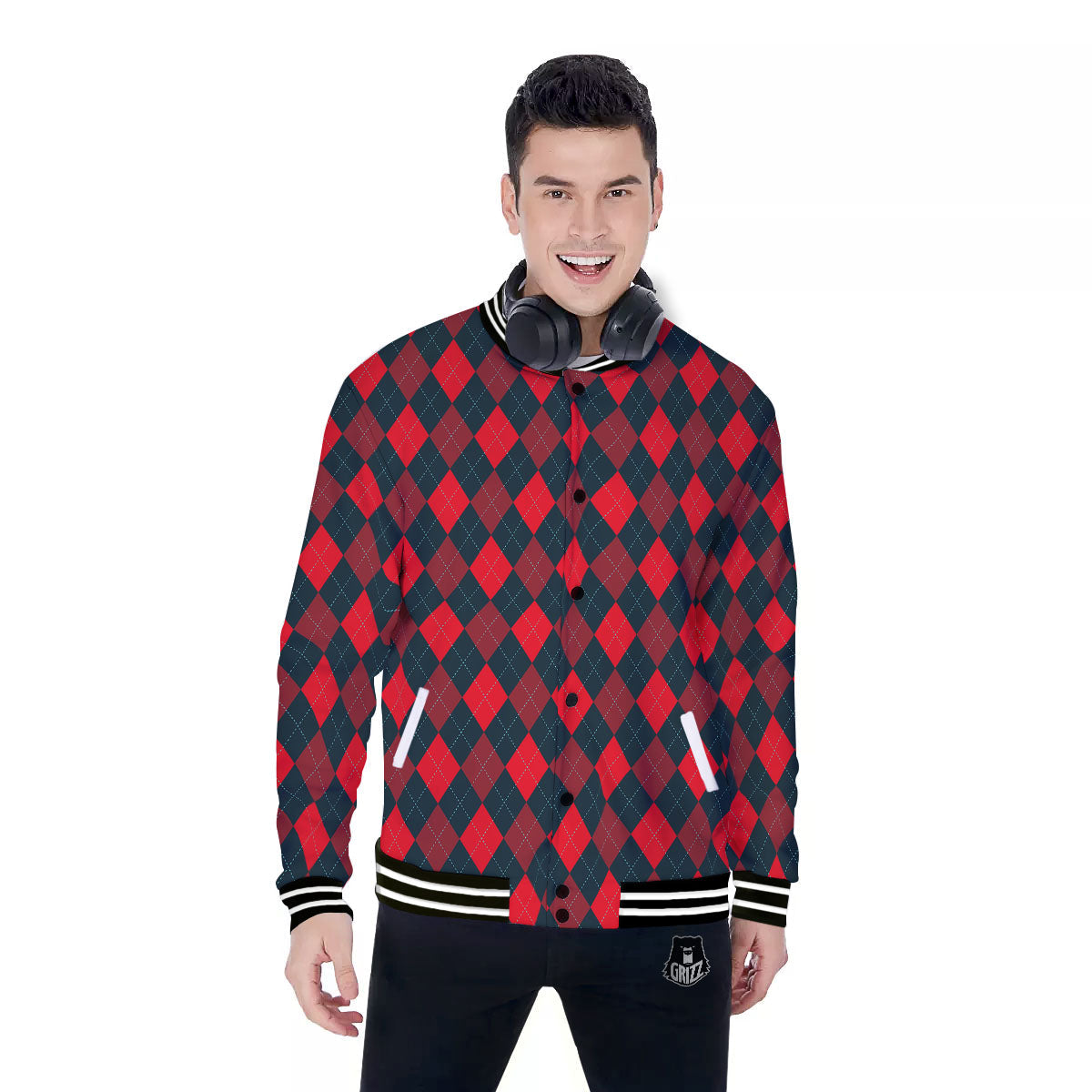 Argyle Red And Black Print Pattern Baseball Jacket-grizzshop