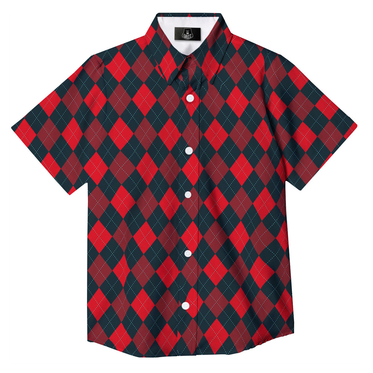 Argyle Red And Black Print Pattern Button Up Shirt-grizzshop