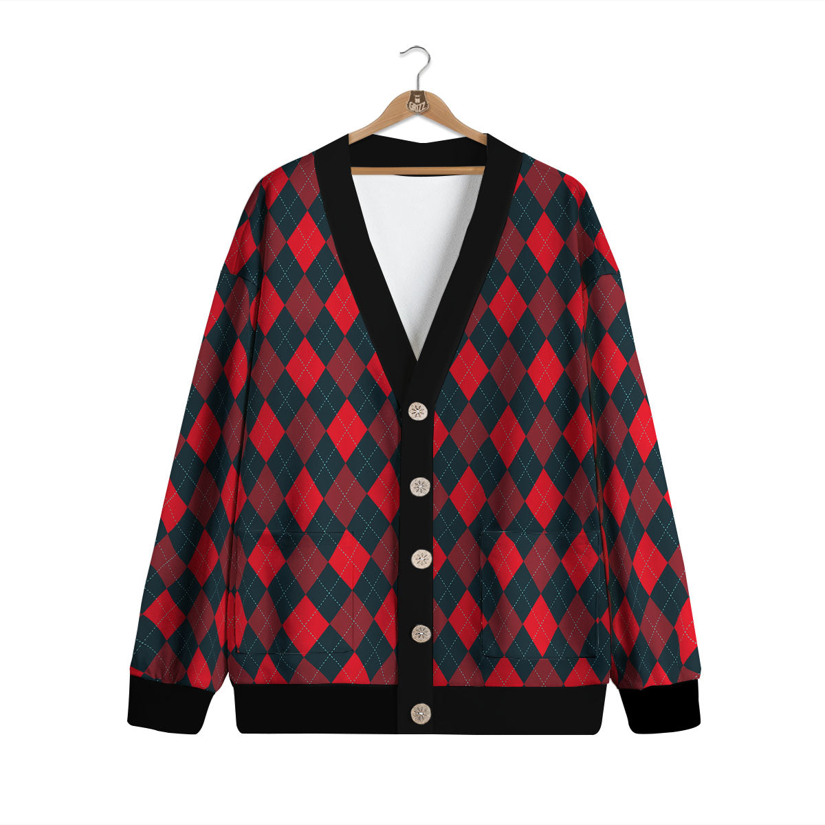 Argyle Red And Black Print Pattern Cardigan-grizzshop