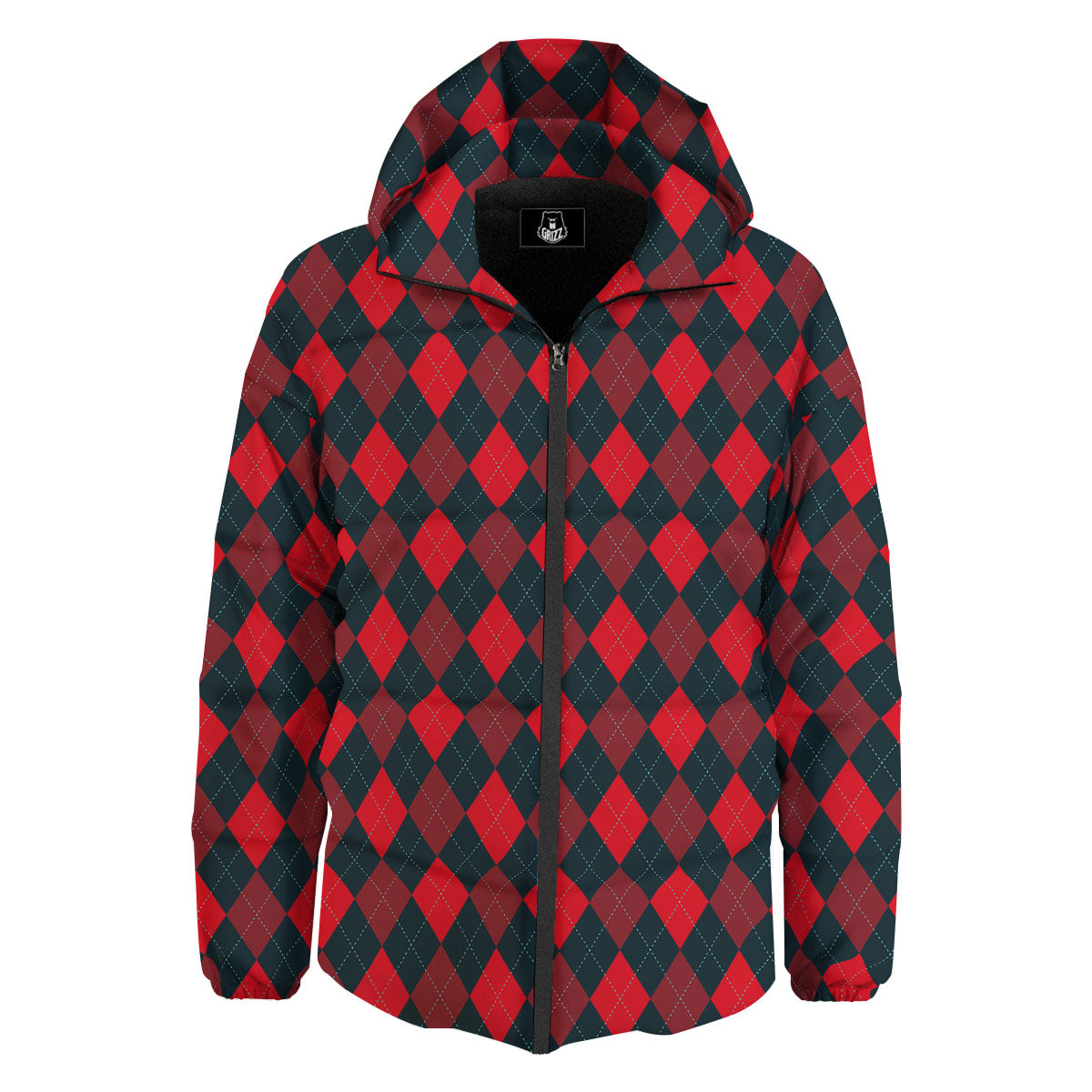Argyle Red And Black Print Pattern Down Jacket-grizzshop
