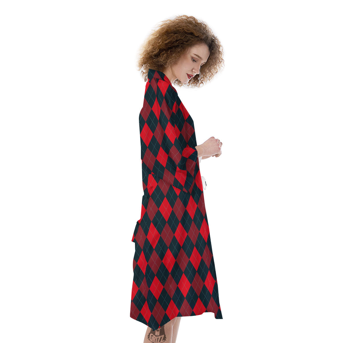 Argyle Red And Black Print Pattern Kimono-grizzshop