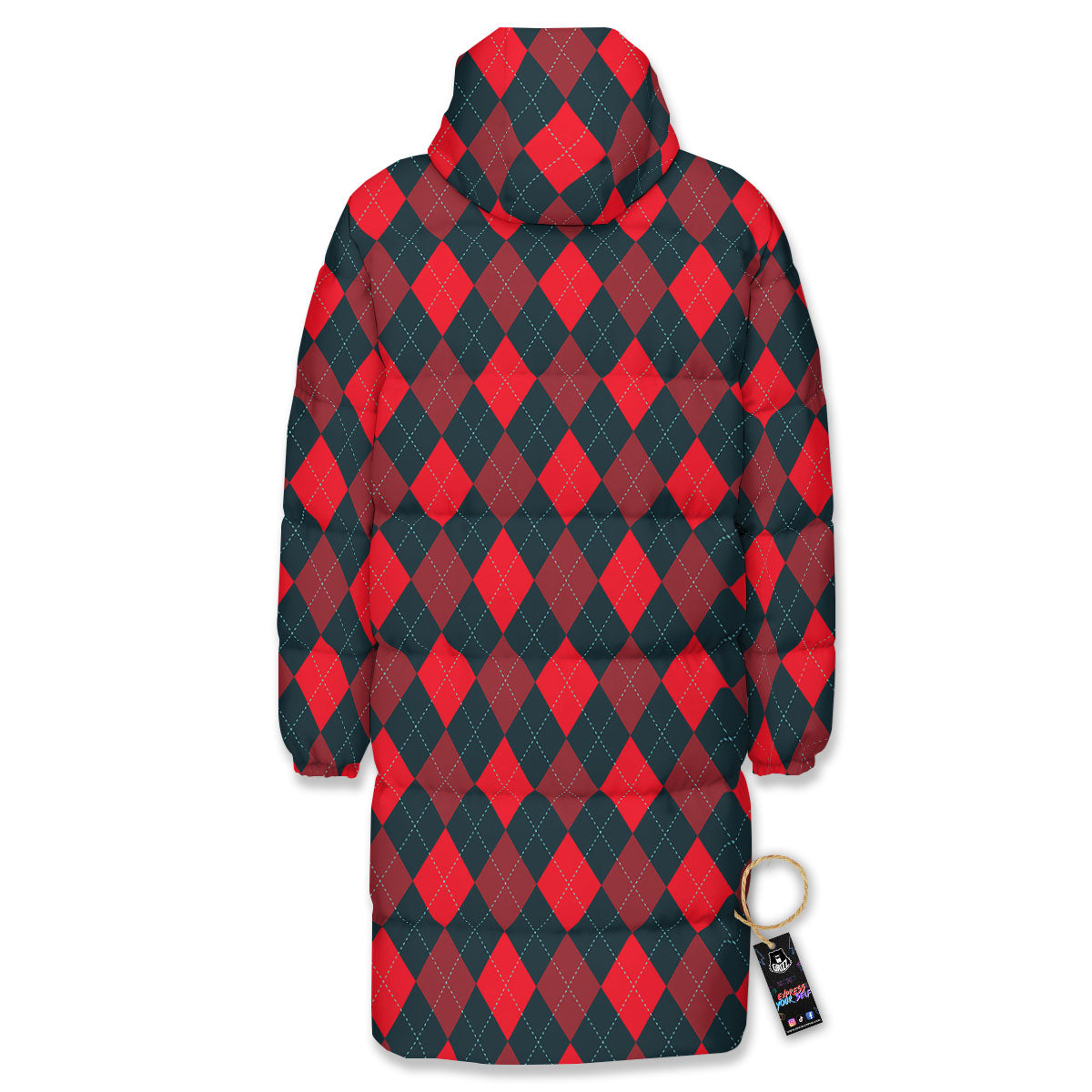Argyle Red And Black Print Pattern Long Down Jacket-grizzshop