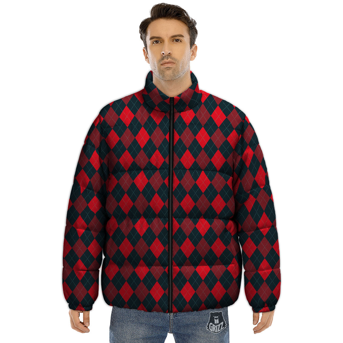 Argyle Red And Black Print Pattern Puffer Jacket-grizzshop