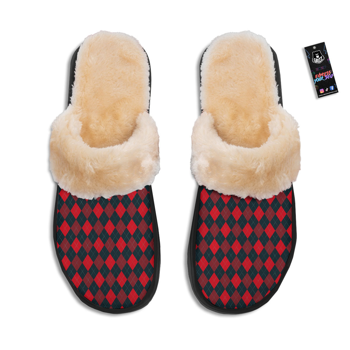 Argyle Red And Black Print Pattern Slippers-grizzshop