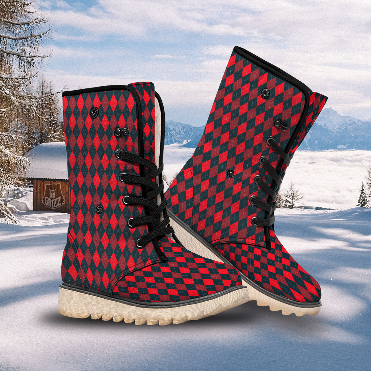 Argyle Red And Black Print Pattern Snow Boots-grizzshop