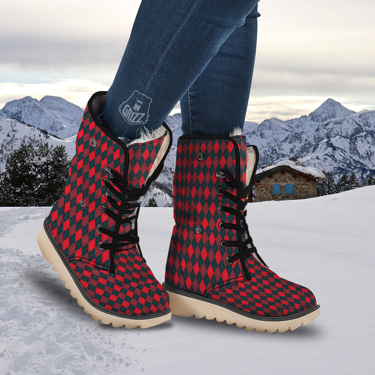 Argyle Red And Black Print Pattern Snow Boots-grizzshop