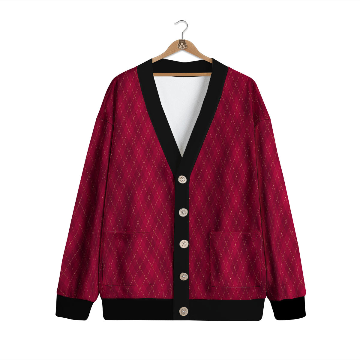 Argyle Red Print Pattern Cardigan-grizzshop