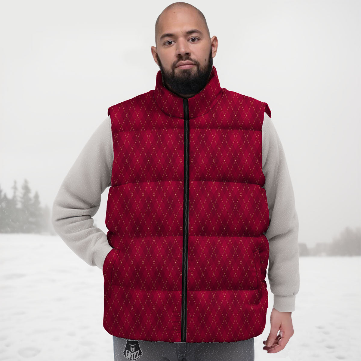 Argyle Red Print Pattern Down Vest-grizzshop