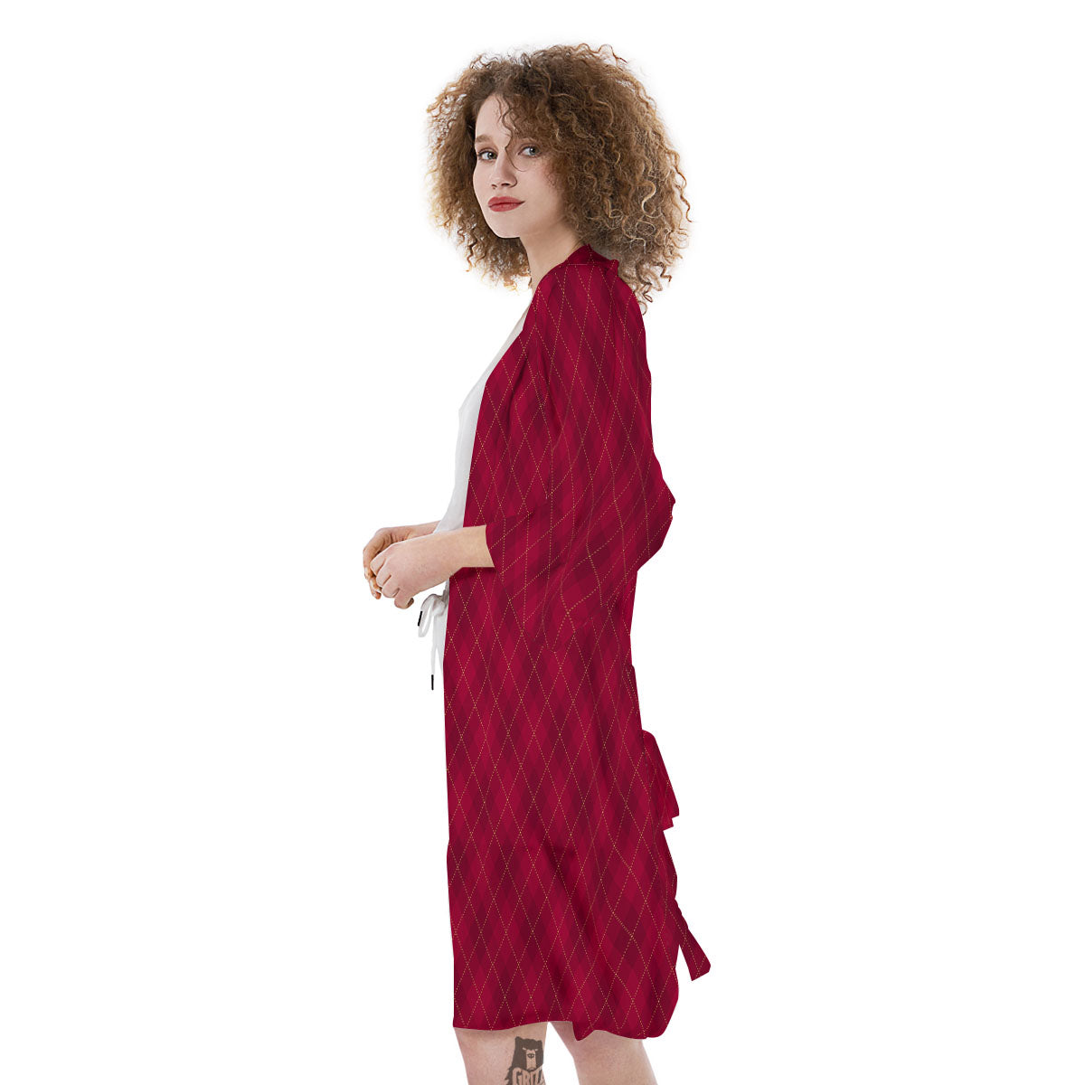 Argyle Red Print Pattern Kimono-grizzshop