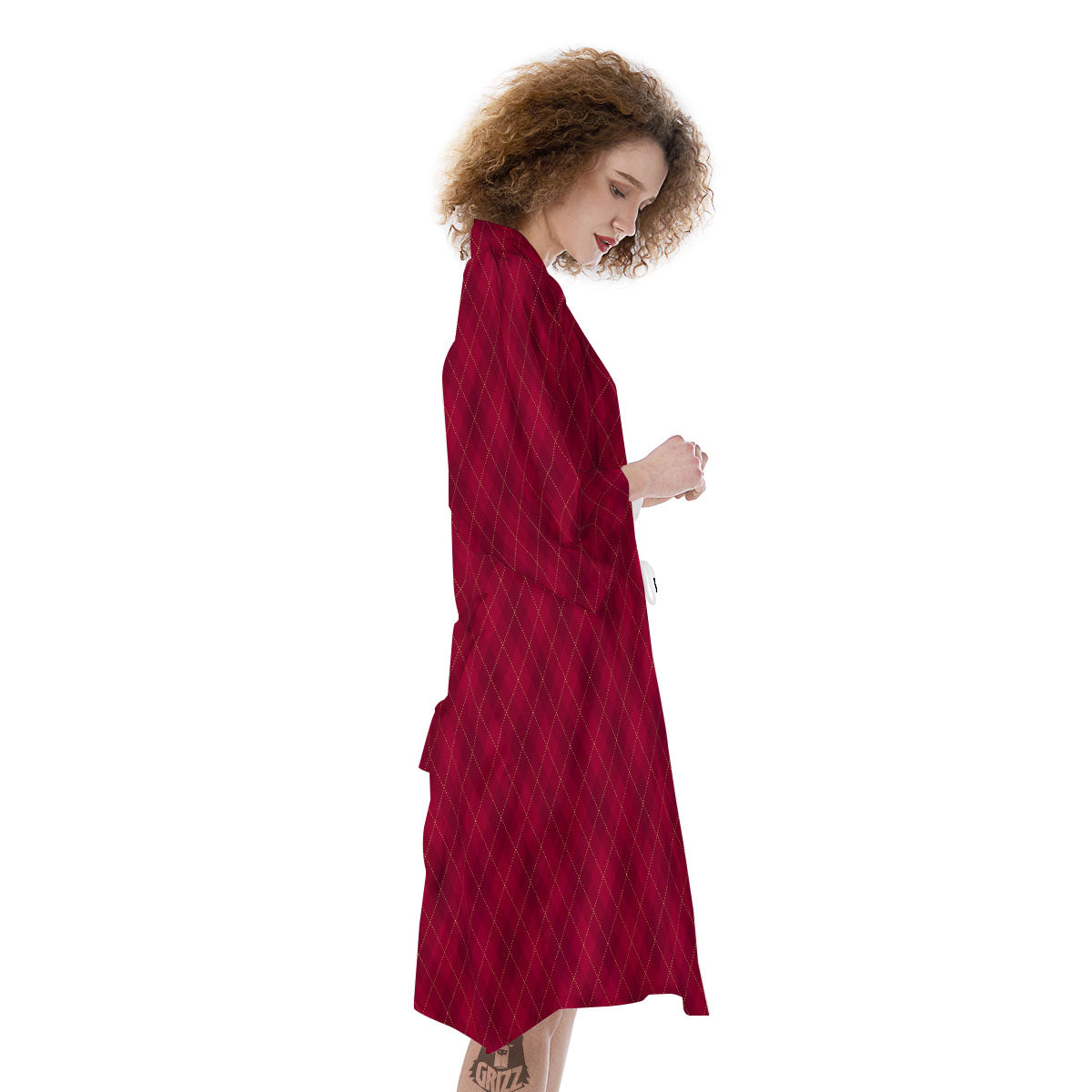 Argyle Red Print Pattern Kimono-grizzshop