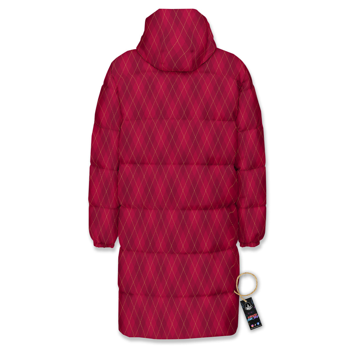 Argyle Red Print Pattern Long Down Jacket-grizzshop