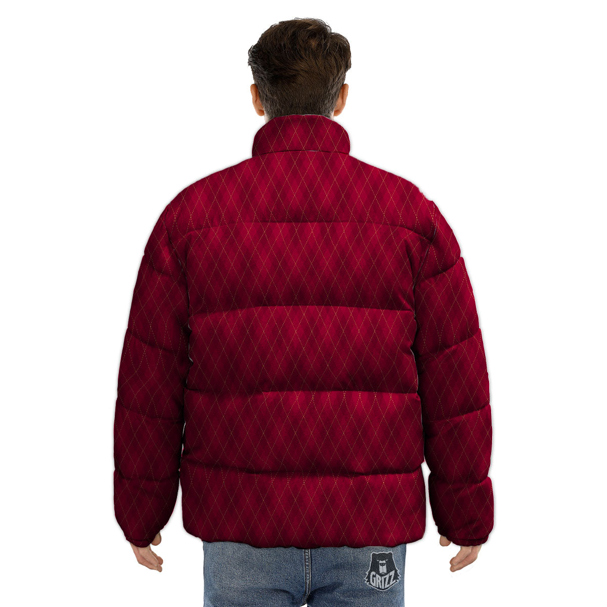 Argyle Red Print Pattern Puffer Jacket-grizzshop