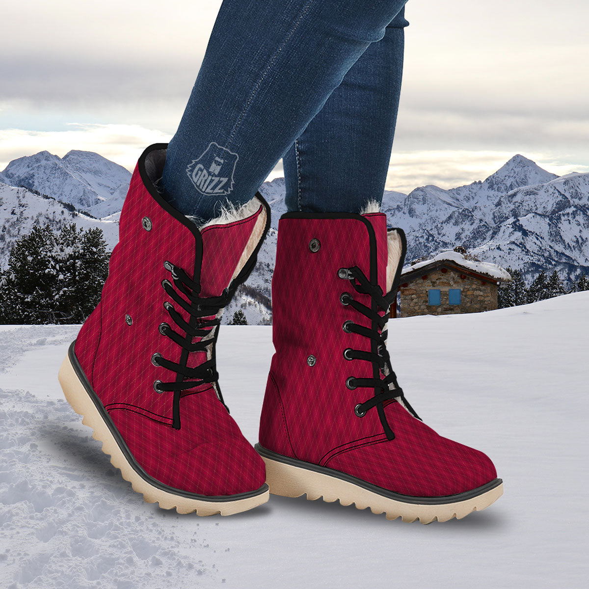 Argyle Red Print Pattern Snow Boots-grizzshop