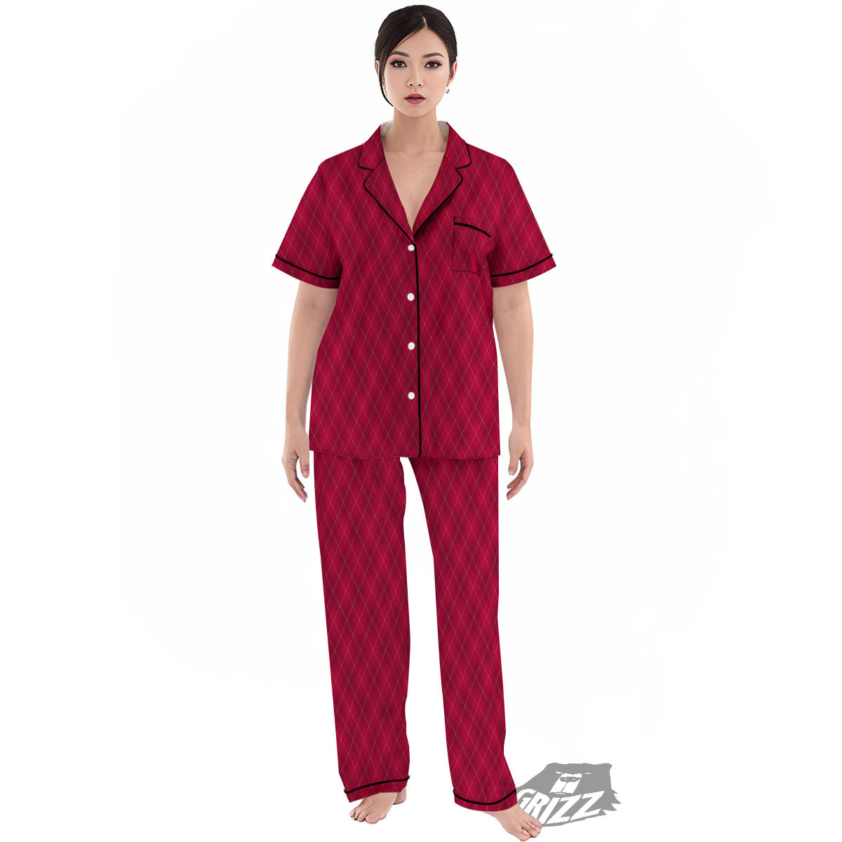 Argyle Red Print Pattern Women's Pajamas Set-grizzshop