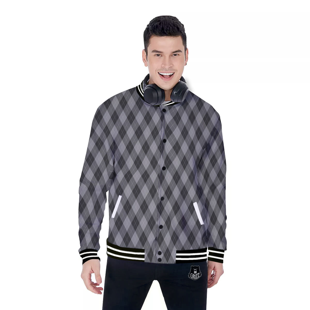 Argyle Shadow Grey Print Pattern Baseball Jacket-grizzshop