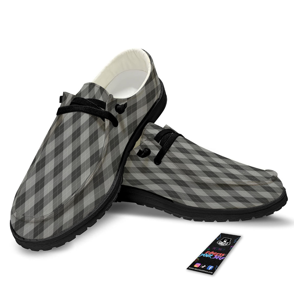 Argyle Shadow Grey Print Pattern Black Loafers-grizzshop