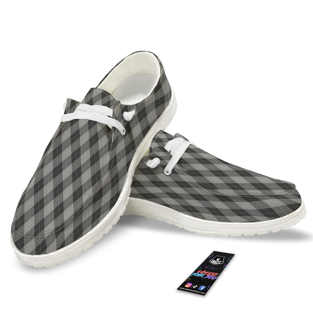 Argyle Shadow Grey Print Pattern Black Loafers-grizzshop