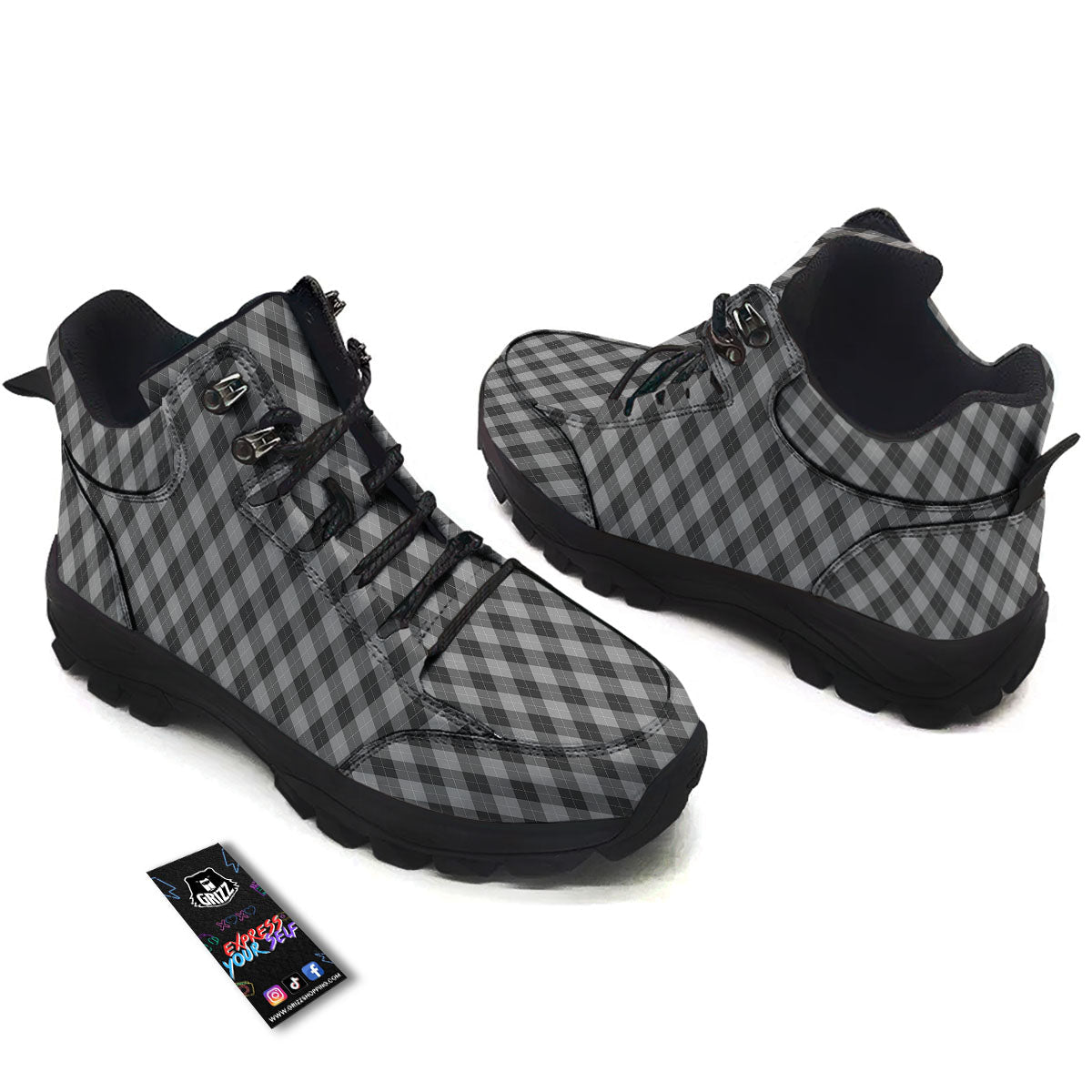 Argyle Shadow Grey Print Pattern Hiking Shoes-grizzshop