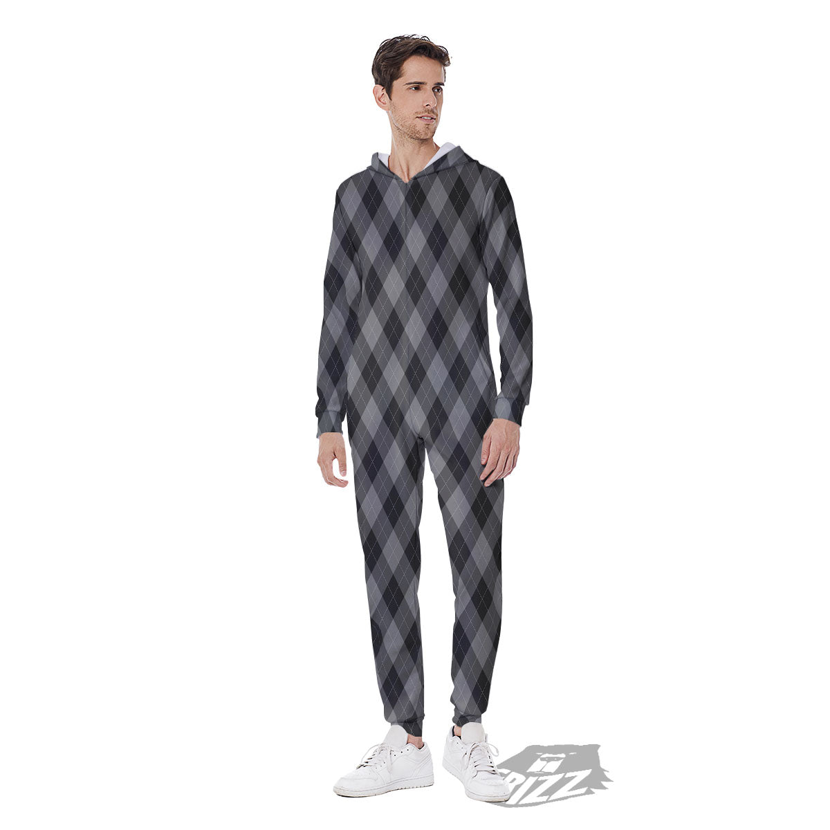 Argyle Shadow Grey Print Pattern Men's Jumpsuit-grizzshop