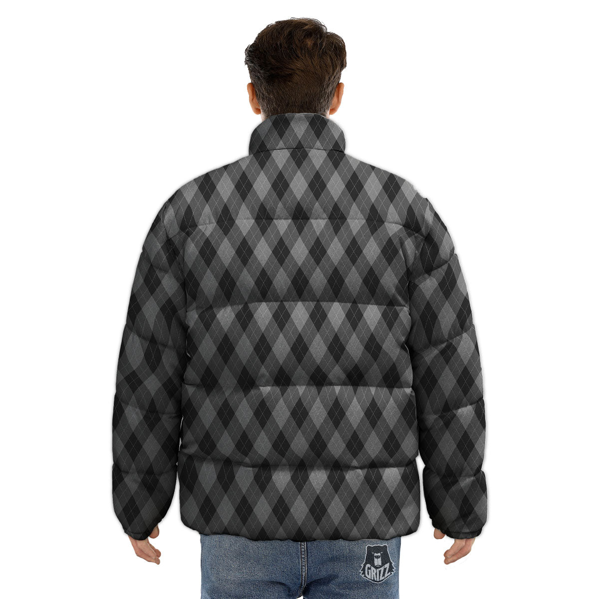 Argyle Shadow Grey Print Pattern Puffer Jacket-grizzshop